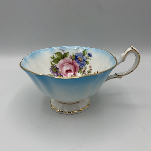 Vtg Queen Anne Cup Saucer Turquoise Blue Floral Cabbage Rose Footed Gold Trim - Picture 2 of 12